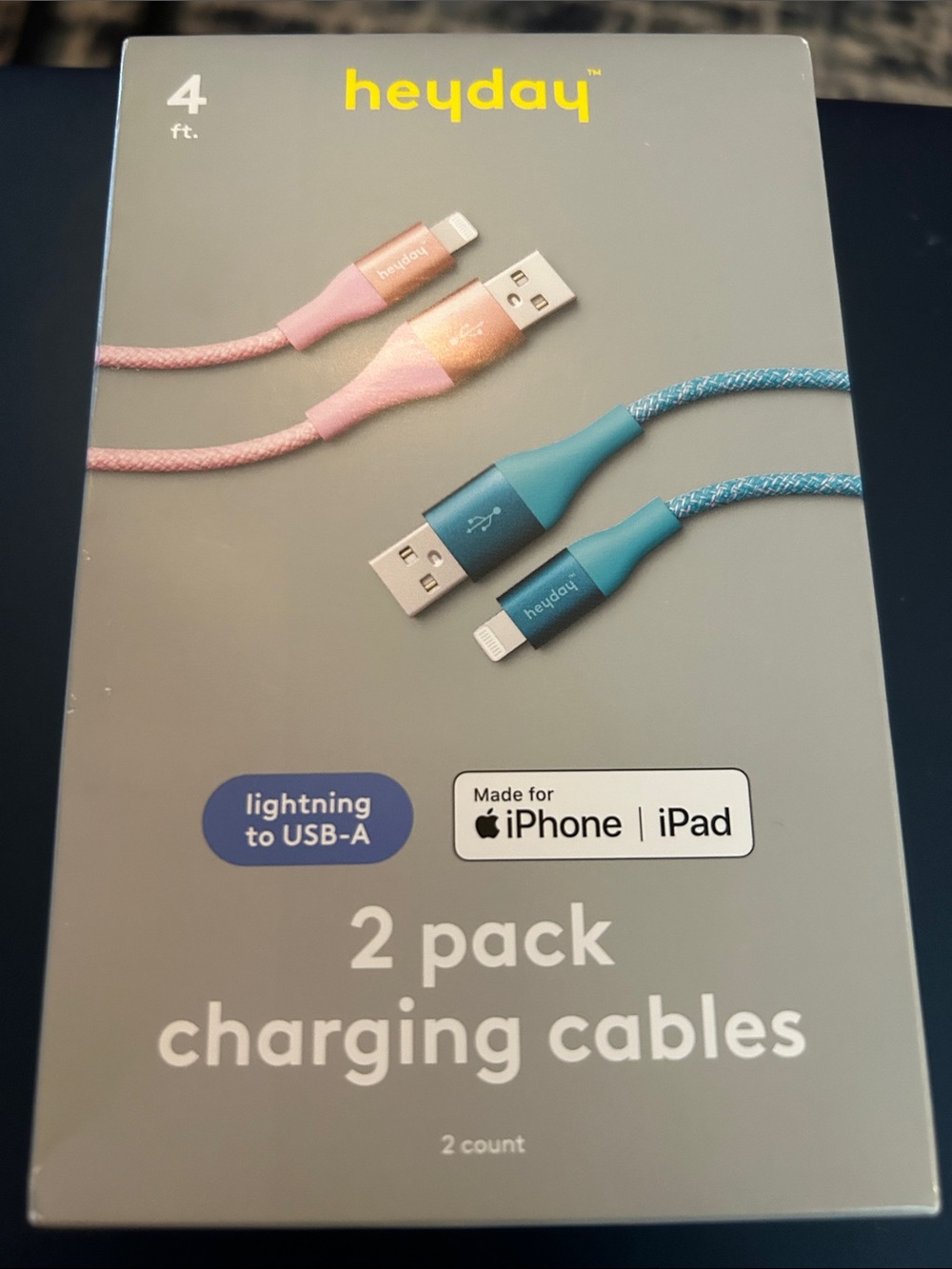 heyday Lightning to USB-A Charging Cables - Pink & Teal 2-Pack (4 ft)